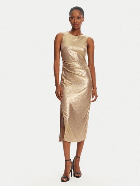 Patrizia Pepe Sukienka koktajlowa 2A2904/J276-FF59 Złoty Regular Fit. Żółte sukienki damskie Patrizia Pepe, bez wzorów, z syntetyku, wizytowe, bez kołnierzyka, bez ramiączek. Za 749.99 zł.