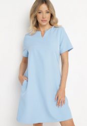 Niebieska Sukienka Trapezowa Mini z Kieszeniami Hreona. Niebieskie sukienki damskie Born2be, l, bez wzorów, bez kołnierzyka, bez ramiączek, mini, trapezowe. Za 99.99 zł.
