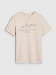 4F T-shirt regular z nadrukiem męski - beżowy L. Brązowe t-shirty męskie 4F, l, bez wzorów, z bawełny, bez kołnierzyka, bez ramiączek. Za 59.99 zł.