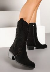 Czarne Botki Kowbojki na Słupku z Ażurową Cholewką Ravsemi. Czarne botki damskie Renee, z aplikacjami, z jeansu, bez obcasa, na obcasie, bez zapięcia. Za 129.99 zł.