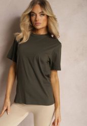 Ciemnozielona Casualowa Koszulka z Bawełny z Krótkim Rękawem Virdula. Zielone bluzki damskie Renee, s, bez wzorów, z bawełny, eleganckie, bez kołnierzyka, bez ramiączek. Za 19.99 zł.
