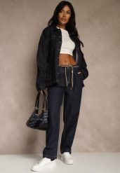 Niebieskie Szerokie Jeansy z Bawełny High Waist Ozdobione Sznurkiem Landa. Niebieskie jeansy damskie Renee, bez wzorów, z bawełny, rockowe, z podwyższonym stanem. Za 99.99 zł.