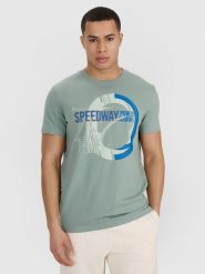 4F T-shirt regular z nadrukiem męski - oliwkowy L. Brązowe koszulki sportowe męskie 4F, l, bez wzorów, z bawełny, bez ramiączek. Za 69.99 zł.