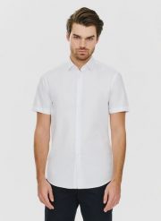 PAKO LORENTE – Biała koszula męska z krótkim rękawem. Białe koszule męskie Pako Lorente, l, bez wzorów, bez kołnierzyka, bez ramiączek. Za 69.99 zł.