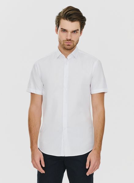 PAKO LORENTE – Biała koszula męska z krótkim rękawem. Białe koszule męskie Pako Lorente, m, bez wzorów, bez kołnierzyka, bez ramiączek. Za 69.99 zł.