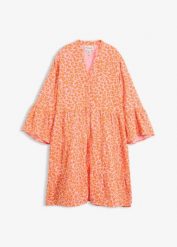 Sukienka tunikowa z przewiewnego muślinu. Brązowe sukienki damskie bonprix, bez wzorów, z bawełny, bez kołnierzyka, bez ramiączek. Za 139.99 zł.