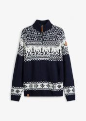 Sweter w norweski wzór ze stójką z zamkiem. Niebieskie swetry męskie bonprix, m, bez wzorów, bez kołnierzyka, bez ramiączek. Za 114.99 zł.