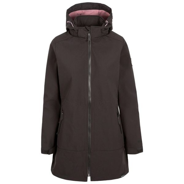 Kurtka Damska Samantha Soft Shell. Czarne kurtki sportowe damskie Trespass, m, bez wzorów, z elastanu, bez ramiączek, z kapturem, trekkingowe. Za 462.99 zł.