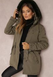 Ciemnozielona Kurtka Parka z Kapturem z Futerkiem Jossie. Zielone kurtki damskie Renee, l, bez wzorów, z futra, z kapturem. Za 269.99 zł.