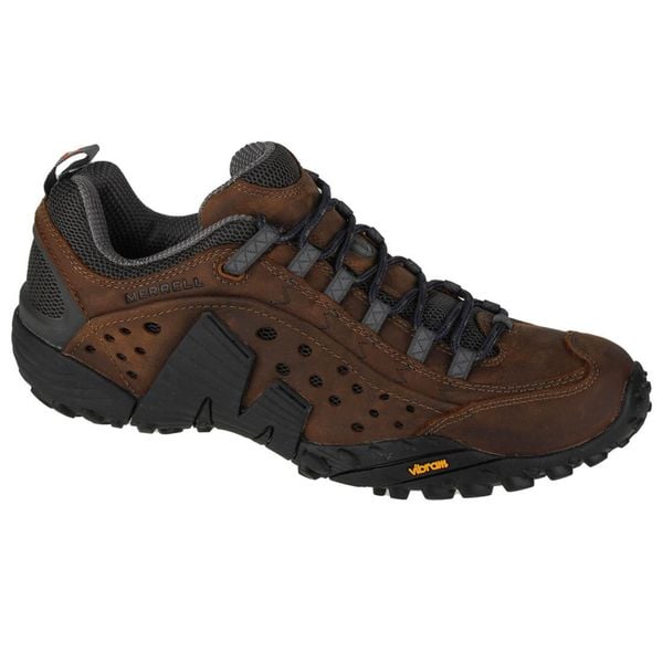 Buty trekkingowe męskie, Merrell Intercept. Brązowe trekkingi męskie Merrell, z materiału, przed kostkę, bez zapięcia. Za 579.99 zł.