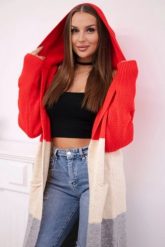 Sweter Kardigan z kapturem w pasy czerwony + beżowy + szary. Brązowe kardigany damskie KESI, l, bez wzorów, z jeansu, bez kołnierzyka, plus size. Za 209.08 zł.