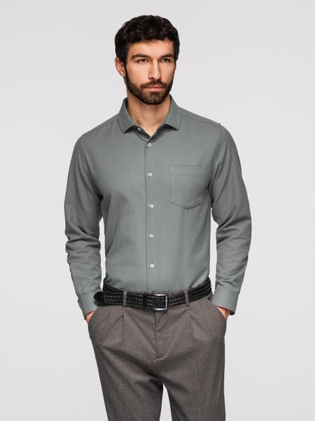 Koszula męska klasyczna regular fit - khaki V4. Brązowe koszule męskie Ombre Clothing, m, bez wzorów, z bawełny, biznesowe, bez kołnierzyka, bez ramiączek. W wyprzedaży za 164.99 zł.