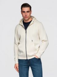 Męska bawełniana bluza dresowa BASIC rozpinana z kapturem - kremowa V11 - Rozmiar: XL. Białe bluzy męskie Ombre Clothing, m, z aplikacjami, z bawełny, biznesowe, bez ramiączek, z kapturem. W wyprzedaży za 118.99 zł.