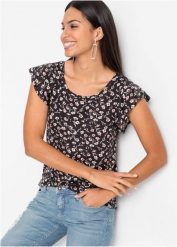 T-shirt z mieszanki wiskozy. Czarne t-shirty damskie bonprix, bez wzorów, z wiskozy, bez kołnierzyka, bez ramiączek. Za 57.99 zł.