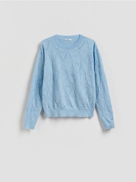 Sweter ze strukturalnym wzorem - jasnoniebieski. Niebieskie swetry nierozpinane damskie Reserved, l, bez wzorów, z dzianiny, bez kołnierzyka, bez ramiączek. Za 99.99 zł.