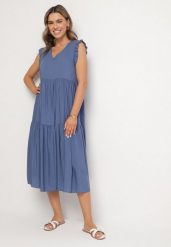 Niebieska Bawełniana Sukienka Ozdobiona Falbankami Aveliova. Niebieskie sukienki damskie Born2be, na co dzień, l, bez wzorów, z bawełny, eleganckie, bez kołnierzyka, bez ramiączek, midi, proste. Za 39.99 zł.