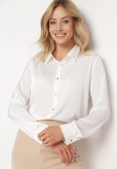 Biała Koszula o Klasycznym Fasonie Zapinana na Guziki Dlinesta. Białe koszule damskie Born2be, l, bez wzorów, z jeansu, eleganckie, bez kołnierzyka, bez ramiączek. Za 89.99 zł.