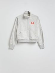 Bluza ze stójką - jasnoszary. Szare bluzy damskie Reserved, l, bez wzorów, z bawełny, bez ramiączek, bez kaptura. W wyprzedaży za 39.99 zł.