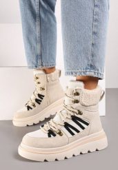 Beżowe Traperki na Grubej Podeszwie Ozdobione Futerkiem Linthira. Brązowe trapery damskie Born2be, z futra, bez zapięcia. Za 99.99 zł.