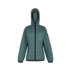 Damska kurtka puchowa Regatta Rigain. Zielone kurtki sportowe damskie Regatta, bez wzorów, z puchu, bez ramiączek, bez kaptura, trekkingowe. Za 209.99 zł.