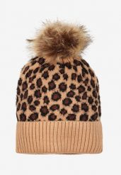 Beżowa Panterkowa Czapka Ozdobiona Wywinięciem i Pomponem Tamiela. Brązowe czapki damskie Renee, bez wzorów, z wełny, eleganckie. Za 29.99 zł.