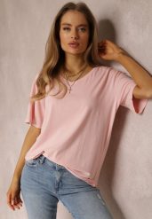 Jasnoróżowy T-shirt Nikoneus. Czerwone t-shirty damskie Renee, plus size, bez wzorów, z dzianiny, klasyczne, bez kołnierzyka, bez ramiączek. Za 24.99 zł.