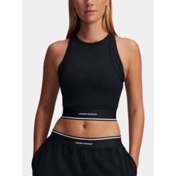 Top treningowy damski Under Armour Meridian Rib Branded Tank. Czarne topy damskie Under Armour, m, bez wzorów, sportowe, bez kołnierzyka, bez ramiączek. Za 139.99 zł.
