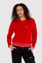 AERONAUTICA MILITARE Czerwona welurowa bluza damska z wieloma zdobieniami. Czerwone bluzy damskie Aeronautica Militare, s, z aplikacjami, z bawełny, bez ramiączek, bez kaptura. W wyprzedaży za 459.99 zł.