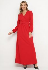 Czerwona Rozkloszowana Sukienka Ozdobiona Paskiem w Talii Felirith. Czerwone sukienki damskie Born2be, na co dzień, l, bez wzorów, eleganckie, bez kołnierzyka, bez ramiączek, maxi, rozkloszowane. Za 159.99 zł.