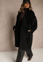 Czarny Płaszcz Teddy o Dwurzędowym Kroju Oversize Azzena. Czarne płaszcze damskie Renee, l, bez wzorów, z jeansu, bez kołnierzyka, bez kaptura. Za 299.99 zł.
