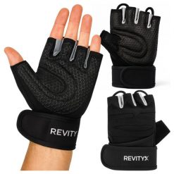 Rękawiczki treningowe na siłownię z usztywniaczem nadgarstka i pętlami 2 w 1. Czarne rękawiczki męskie REVITY, bez wzorów, z poliesteru. W wyprzedaży za 49.99 zł.
