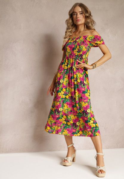 Fuksjowo-Żółta Wiskozowa Sukienka Midi O Fasonie Hiszpanki w Kwiatowy Print Ambersen. Czerwone sukienki damskie Renee, m, bez wzorów, z wiskozy, bez kołnierzyka, bez ramiączek, midi. Za 69.99 zł.