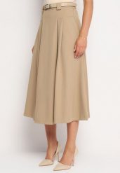 Beżowa Rozkloszowana Spódnica Ozdobiona Paskiem z Klamrą i Gumką w Pasie Eviriase. Brązowe spódnice damskie Born2be, na co dzień, m, bez wzorów, eleganckie, midi, dopasowane. Za 149.99 zł.