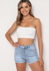 Niebieskie Jeansowe Szorty z Wysokim Stanem i Ozdobnymi Guzikami Jeviana. Niebieskie szorty damskie Born2be, bez wzorów, z denimu, eleganckie, z podwyższonym stanem. Za 74.99 zł.