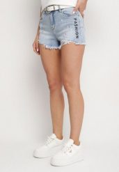 Niebieskie Szorty Jeansowe z Wysokim Stanem Zdobione Przetarciami Vestella. Niebieskie szorty damskie Born2be, z aplikacjami, z jeansu, z podwyższonym stanem. Za 74.99 zł.