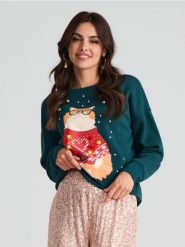 Bluza świąteczna - zielony. Zielone bluzy damskie Sinsay, l, z aplikacjami, wizytowe, bez ramiączek, bez kaptura. Za 49.99 zł.