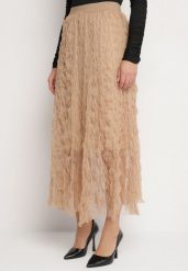 Brązowa Rozkloszowana Spódnica z Półtransparentnego Materiału z Ozdobnym Tłoczeniem Zerivra. Brązowe spódnice damskie Born2be, na co dzień, l, bez wzorów, eleganckie, maxi, proste. Za 84.99 zł.