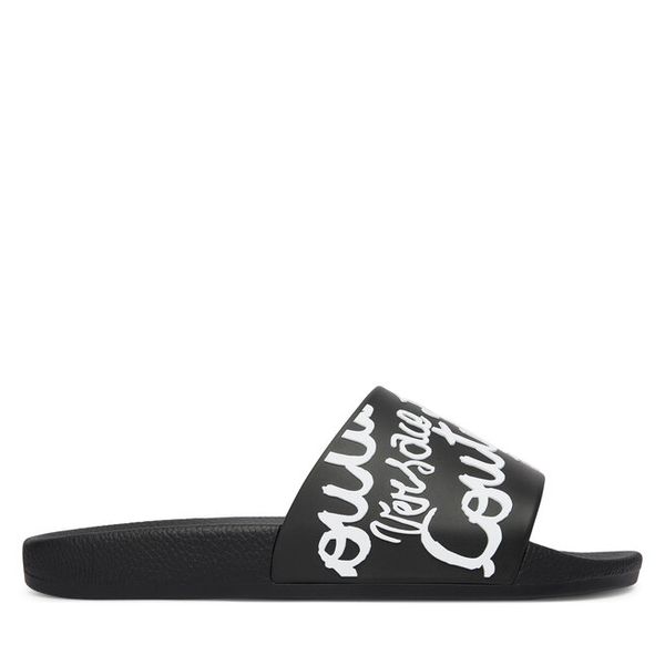 Klapki Versace Jeans Couture. Czarne klapki damskie Versace Jeans Couture, bez wzorów, z jeansu, bez obcasa, bez zapięcia. Za 182.99 zł.