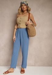 Niebieskie Spodnie z Bawełną o Szerokim Kroju High Waist Fanelithia. Niebieskie spodnie materiałowe damskie Renee, bez wzorów, z bawełny, z podwyższonym stanem. Za 39.99 zł.