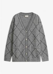 Długi sweter rozpinany, z połyskiem. Szare kardigany damskie bonprix, bez wzorów, bez kołnierzyka. Za 169.99 zł.