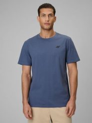 4F T-shirt regular gładki męski - granatowy XXL. Niebieskie t-shirty męskie 4F, m, bez wzorów, z materiału, bez kołnierzyka, bez ramiączek. Za 49.99 zł.
