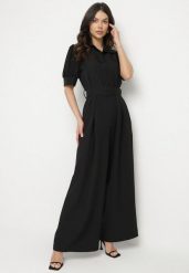 Czarny Taliowany Kombinezon z Ozdobną Klamrą Filateia. Czarne sukienki damskie Born2be, m, bez wzorów, eleganckie, bez kołnierzyka, bez ramiączek. Za 119.99 zł.