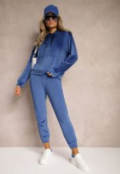 Granatowy Komplet Dresowy z Dodatkiem Bawełny Spodnie z Gumką w Pasie Bluza z Kapturem Reseria. Niebieskie bluzy damskie Renee, m, bez wzorów, z bawełny, klasyczne, bez ramiączek, z kapturem. Za 89.99 zł.
