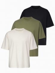 Zestaw bawełnianych koszulek męskich loose fit z okrągłym dekoltem - czarna/biała/pastelowa zielona V1. Czarne t-shirty męskie Ombre Clothing, m, bez wzorów, z bawełny, bez kołnierzyka, bez ramiączek. W wyprzedaży za 149.99 zł.
