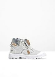 Wysokie sneakersy marki Mustang, z bawełnianego płótna. Szare obuwie sportowe damskie bonprix, bez wzorów, z bawełny, bez zapięcia. Za 249.99 zł.