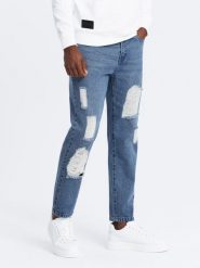 Męskie jeansowe spodnie TAPERED FIT z dziurami ciemnoniebieskie V3 OM-PADP-0175 L. Niebieskie spodnie sportowe męskie Ombre, l, bez wzorów, z jeansu. Za 285.94 zł.