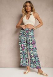 Zielono-Różowe Bawełniane Spodnie High Waist Szerokie we Wzór Boho Tolioria. Zielone spodnie materiałowe damskie Renee, bez wzorów, z bawełny, biznesowe, z podwyższonym stanem. Za 29.99 zł.