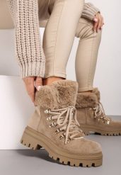 Ciemnobeżowe Traperki z Futerkiem na Grubej Podeszwie Tairene. Brązowe trapery damskie Renee, z jeansu, bez zapięcia. Za 129.99 zł.