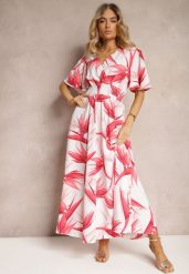 Różowo-Biała Kopertowa Sukienka Wiązana na Plecach z Gumką w Talii Jeteri. Czerwone sukienki damskie Renee, na co dzień, l, w ażurowe wzory, bez kołnierzyka, bez ramiączek, maxi, kopertowe. Za 69.99 zł.