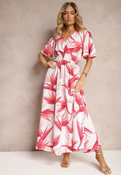 Różowo-Biała Kopertowa Sukienka Wiązana na Plecach z Gumką w Talii Jeteri. Czerwone sukienki damskie Renee, na co dzień, l, w ażurowe wzory, bez kołnierzyka, bez ramiączek, maxi, kopertowe. Za 69.99 zł.